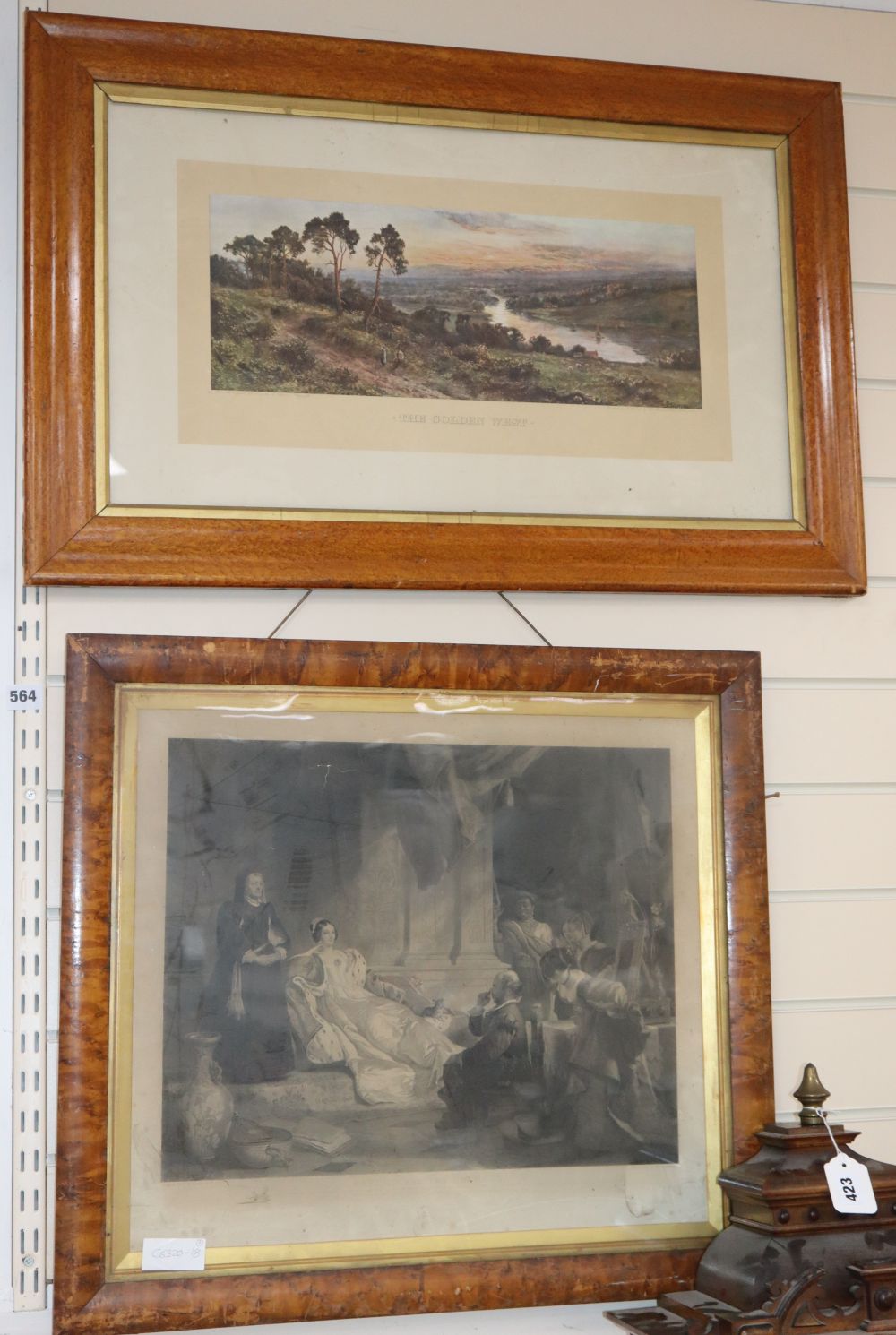 Humphrys after Leslie, engraving, Sancho and the Duchess, 44 x 50cm and a later colour print, The Golden West, both mapled framed